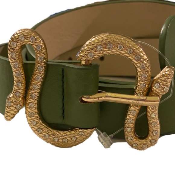 Sold!!!!Rhinestone Serpent Buckle Olive Green Snake Belt Women’s Medium - Picture 2 of 2